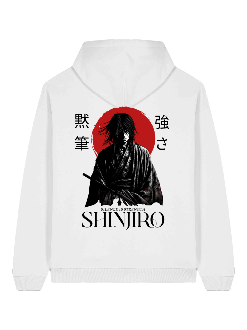 ENSO SHINJIRO Hoodie – 100 % Bio-Baumwolle, 350 GSM, Unisex Streetwear mit Samurai-Print, Detailansicht SHINJIRO-Print – scharfe Linien, hoher Detailgrad, ENSO Streetwear, SHINJIRO Look – minimalistischer Oversize-Style, Zen-Ästhetik, Silence is strength