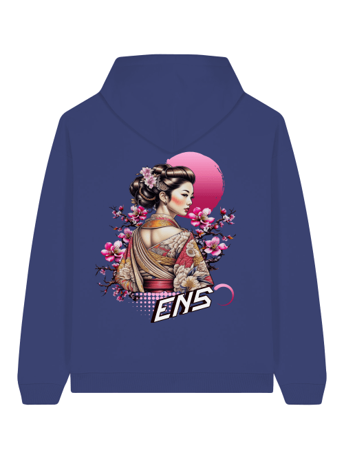 ENSO Silent Bloom Hoodie – 100 % Bio-Baumwolle, 350 GSM, Geisha-Motiv, Unisex Streetwear, Detail Silent Bloom Print – Geisha & Sakura, feine Linien, ENSO