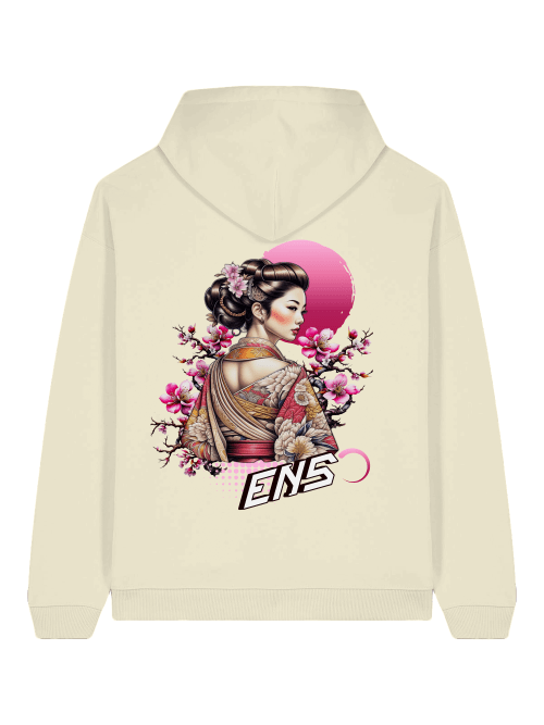 ENSO Silent Bloom Hoodie – 100 % Bio-Baumwolle, 350 GSM, Geisha-Motiv, Unisex Streetwear, Detail Silent Bloom Print – Geisha & Sakura, feine Linien, ENSO