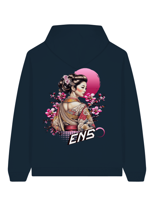 ENSO Silent Bloom Hoodie – 100 % Bio-Baumwolle, 350 GSM, Geisha-Motiv, Unisex Streetwear, Detail Silent Bloom Print – Geisha & Sakura, feine Linien, ENSO