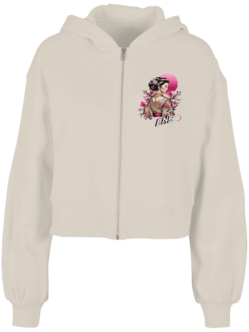 Zipper Hoodie Streetwear Silent Bloom – White Sand ENSO Zipper Hoodie mit Geisha, Kirschblüten und Kimono-Design, Premium Streetwear