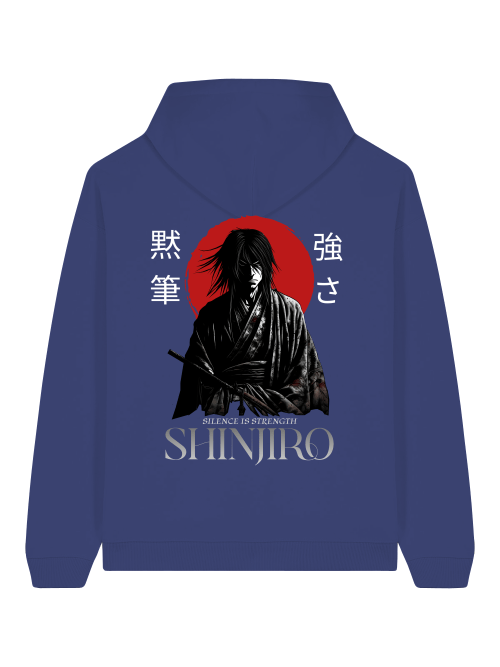 Oversize Hoodie Herren Shinjiro featuring samurai design and 'Silence is Strength' slogan in streetwear style.