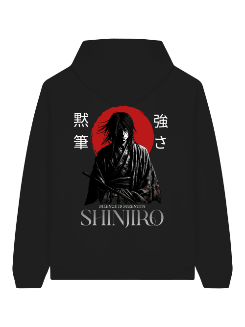 Oversize Hoodie Herren Shinjiro with samurai design and slogan 'Silence is Strength' in black.