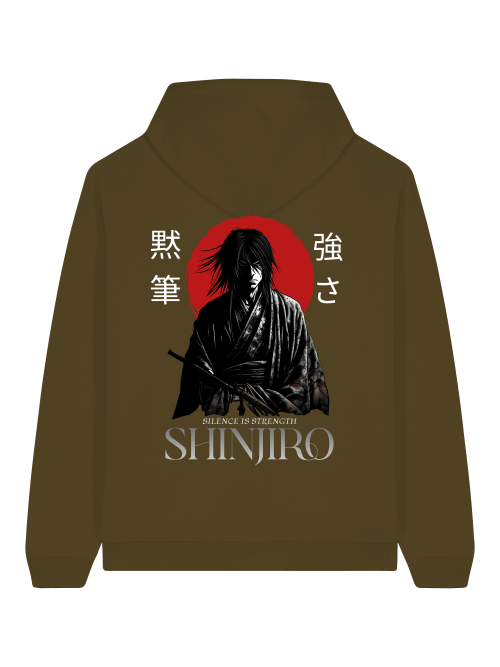 Oversize Herren Hoodie in Oliv mit Samurai-Motiv und "Silence is Strength" Schriftzug - Shinjiro Streetwear