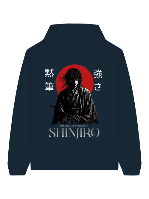 Oversize Herren Hoodie Shinjiro mit Samurai-Porträt und ENSO-Stil, Streetwear-Inspiration.