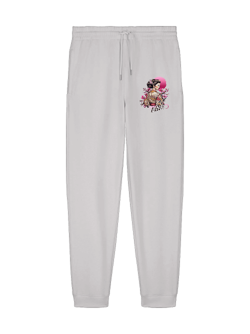 ENSO Silent Bloom Jogginghose – 350 GSM Bio-Baumwolle, dezentes Geisha-Detail, Unisex, Detail Silent Bloom Print – Geisha & Sakura, feine Linien, ENSO