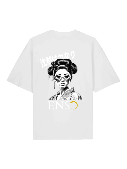 Oversized white shirt featuring a stylized graphic of a woman in traditional attire with sunglasses, labeled 'ENSO'.