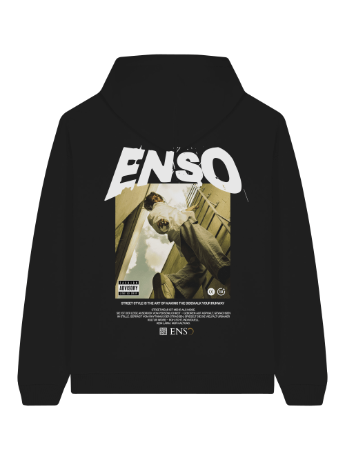 ENSO JŌ Yin-Yang Hoodie – 100 % Bio-Baumwolle, 350 GSM, Unisex Streetwear, Detail JŌ Yin-Yang Print (陰陽) – klare Kanten, hoher Kontrast, ENSO