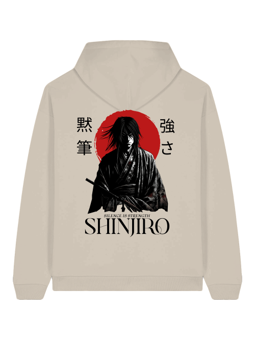 ENSO SHINJIRO Hoodie – 100 % Bio-Baumwolle, 350 GSM, Unisex Streetwear mit Samurai-Print, Detailansicht SHINJIRO-Print – scharfe Linien, hoher Detailgrad, ENSO Streetwear, SHINJIRO Look – minimalistischer Oversize-Style, Zen-Ästhetik, Silence is strength