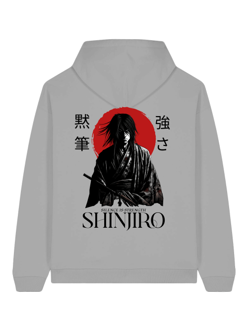 ENSO SHINJIRO Hoodie – 100 % Bio-Baumwolle, 350 GSM, Unisex Streetwear mit Samurai-Print, Detailansicht SHINJIRO-Print – scharfe Linien, hoher Detailgrad, ENSO Streetwear, SHINJIRO Look – minimalistischer Oversize-Style, Zen-Ästhetik, Silence is strength
