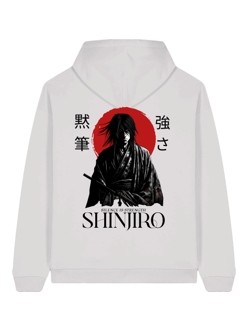 ENSO SHINJIRO Hoodie – 100 % Bio-Baumwolle, 350 GSM, Unisex Streetwear mit Samurai-Print, Detailansicht SHINJIRO-Print – scharfe Linien, hoher Detailgrad, ENSO Streetwear, SHINJIRO Look – minimalistischer Oversize-Style, Zen-Ästhetik, Silence is strength