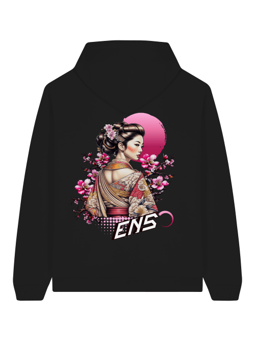 ENSO Silent Bloom Hoodie – 100 % Bio-Baumwolle, 350 GSM, Geisha-Motiv, Unisex Streetwear, Detail Silent Bloom Print – Geisha & Sakura, feine Linien, ENSO