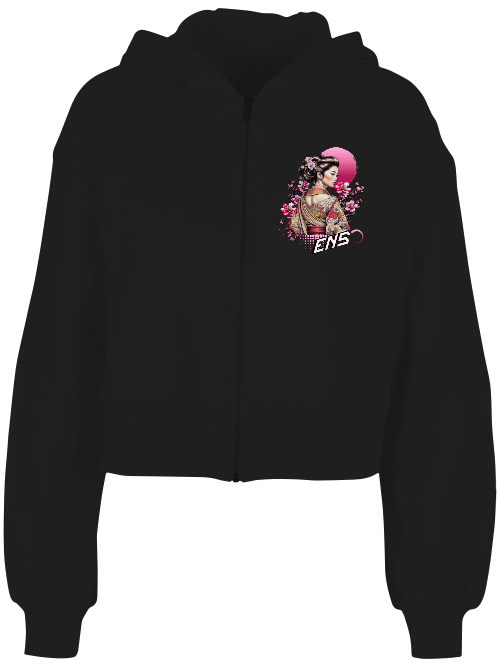 Zipper Hoodie Streetwear Silent Bloom – Schwarzer ENSO Zipper Hoodie mit Geisha, Kirschblüten und Kimono-Design, Premium Streetwear