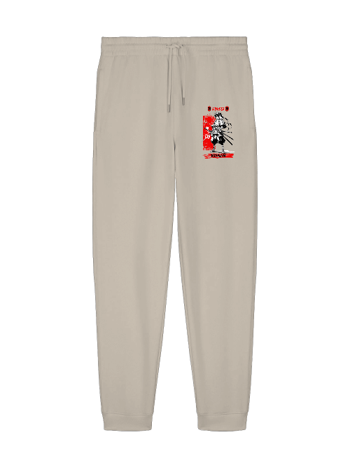 ENSO RONIN Jogginghose – 350 GSM Bio-Baumwolle, dezentes Ronin-Detail, Unisex, Detailansicht RONIN-Print – Samurai Illustration, klare Linien, ENSO