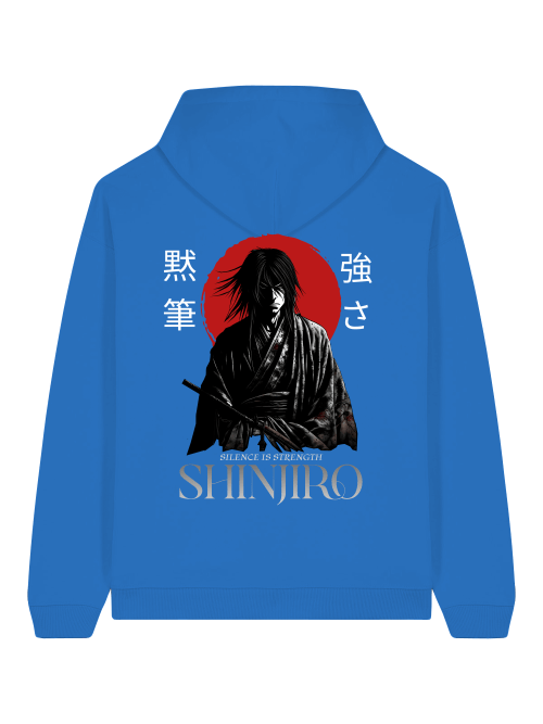 Oversize Hoodie Herren "Shinjiro" in Blau mit Samurai-Grafik und Schriftzug "Silence is Strength" im ENSO-Style.