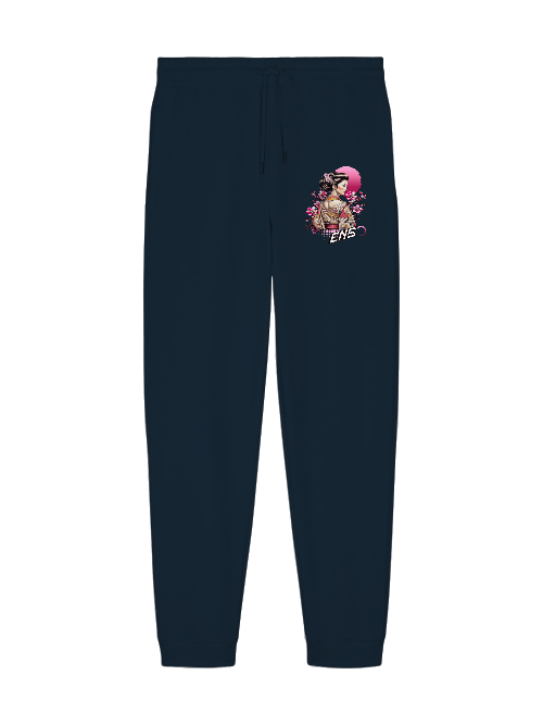 ENSO Silent Bloom Jogginghose – 350 GSM Bio-Baumwolle, dezentes Geisha-Detail, Unisex, Detail Silent Bloom Print – Geisha & Sakura, feine Linien, ENSO