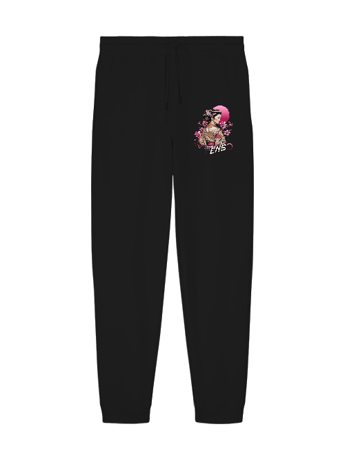 ENSO Silent Bloom Jogginghose – 350 GSM Bio-Baumwolle, dezentes Geisha-Detail, Unisex, Detail Silent Bloom Print – Geisha & Sakura, feine Linien, ENSO