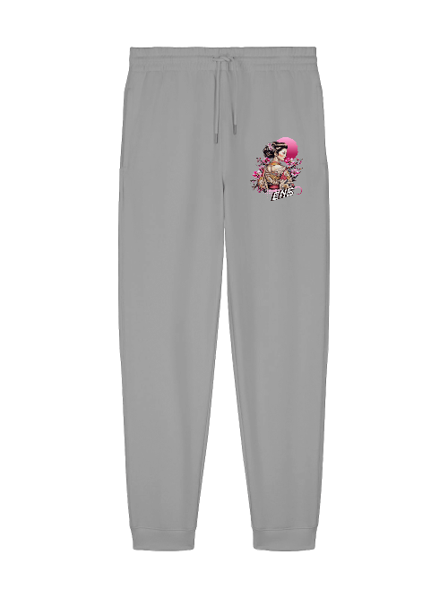 ENSO Silent Bloom Jogginghose – 350 GSM Bio-Baumwolle, dezentes Geisha-Detail, Unisex, Detail Silent Bloom Print – Geisha & Sakura, feine Linien, ENSO