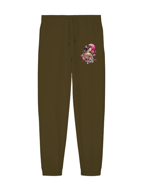 ENSO Silent Bloom Jogginghose – 350 GSM Bio-Baumwolle, dezentes Geisha-Detail, Unisex, Detail Silent Bloom Print – Geisha & Sakura, feine Linien, ENSO