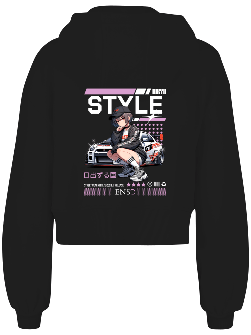 Anime Streetwear Hoodie ENSO – Schwarzer Zipper Hoodie mit Tokyo Style Manga Girl & GTR-Motiv, limitierte Edition